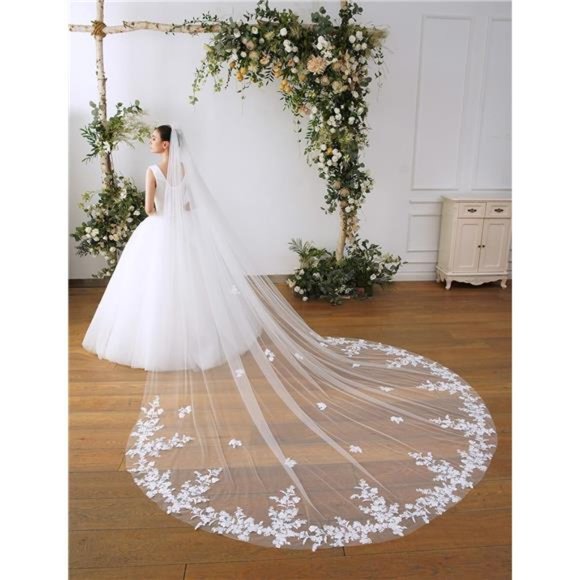 1 Tier Cathedral Flower Lace Wedding Bridal Veil With Metal Comb  For Women